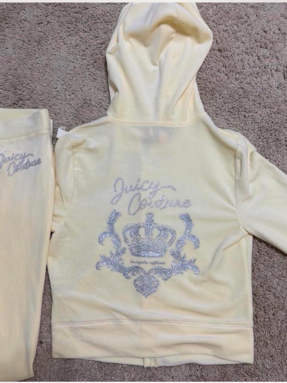Juicy Couture Cream Velour Hoodie & Joggers with Silver Glitter Crown